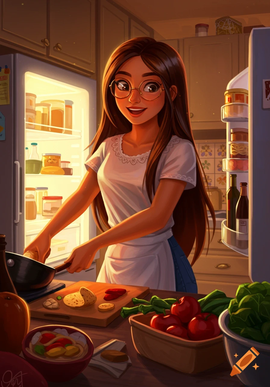 A smiling woman with long brown hair and glasses cooks in a warm kitchen, preparing vegetables, in a vibrant digital art style.