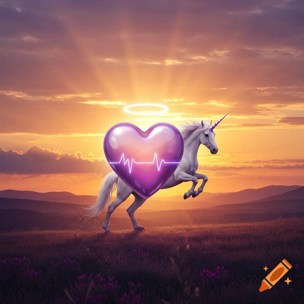 A white unicorn leaps through a field at sunset, a glowing purple heart with a white heartbeat line beside it.