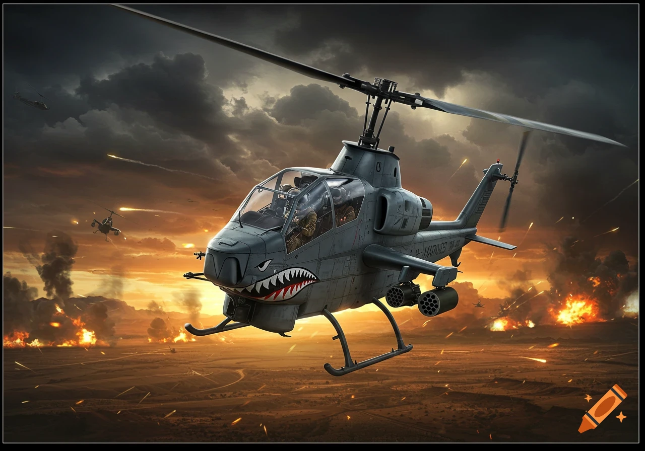 A grey military attack helicopter with shark mouth art flies over a battlefield at sunset, with explosions and tracer fire in the background.