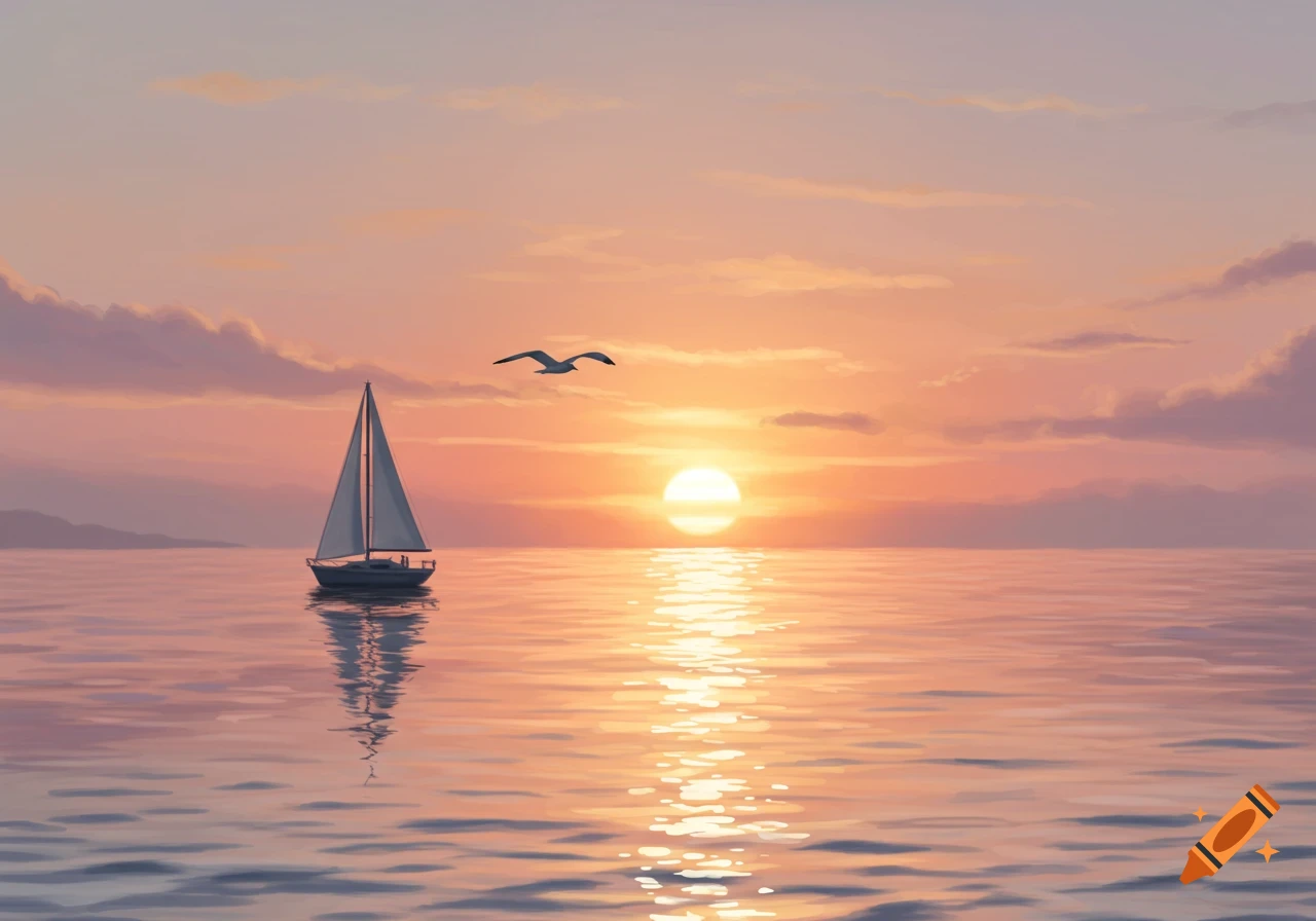 A sailboat on calm water at sunset with a bird flying in the sky, in a serene digital painting style.