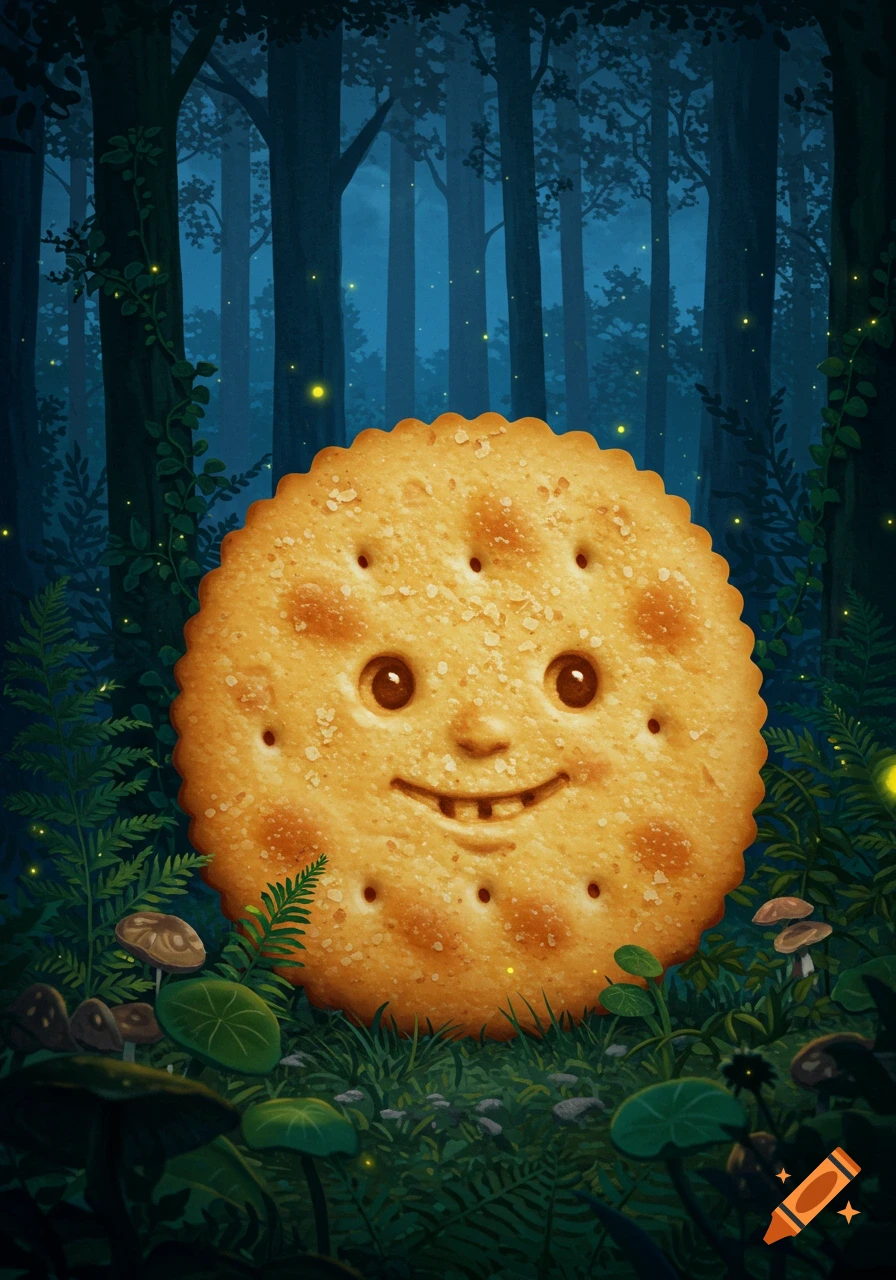 A whimsical Ritz cracker with a smiling face, including buck teeth, sits in a lush, dark forest illuminated by fireflies, in an illustrated style.