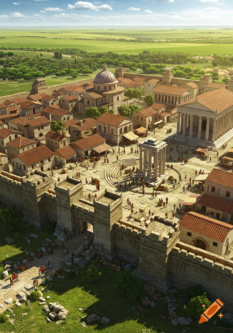 Aerial matte painting of a fortified Roman town with stone walls, market, temple, and people, surrounded by sunny green countryside.