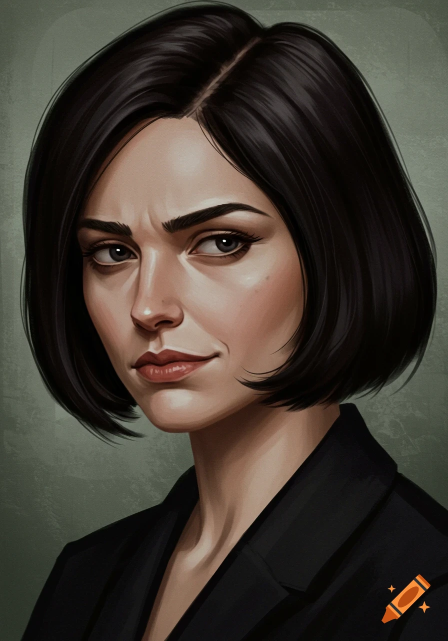 Close-up digital painting of a woman with short dark hair and a stern, subtly smirking expression, wearing a black top.