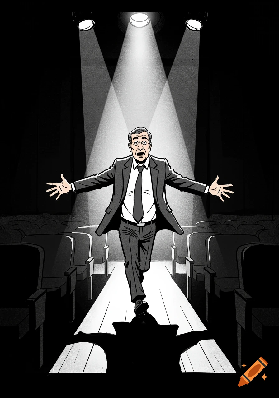 A cartoon man in a suit with arms outstretched runs down an aisle on a dark stage, lit by spotlights, with empty theater seats.