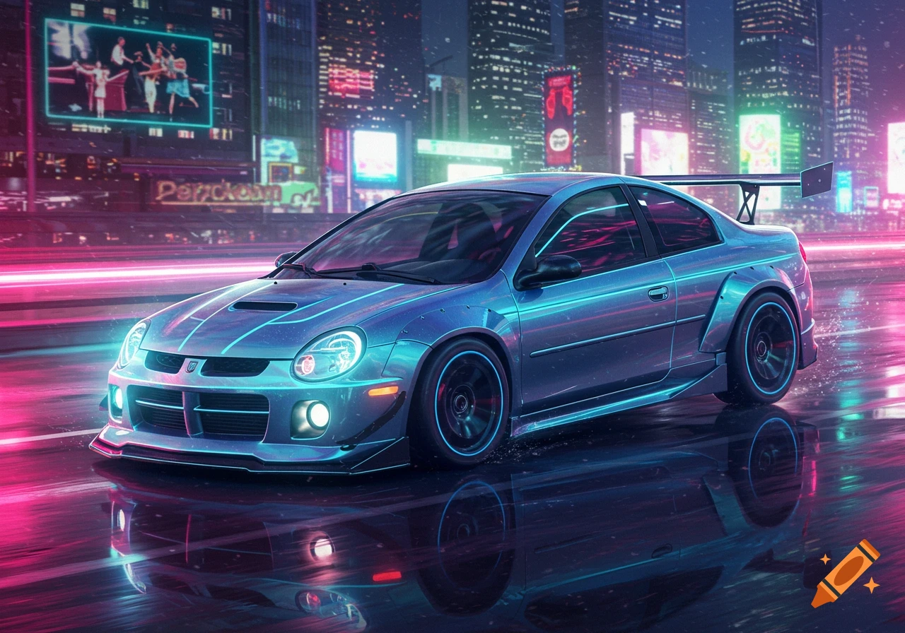 A blue Dodge Neon car with neon blue and pink lights drives on a wet city street at night, with blurred city lights and buildings in the background.