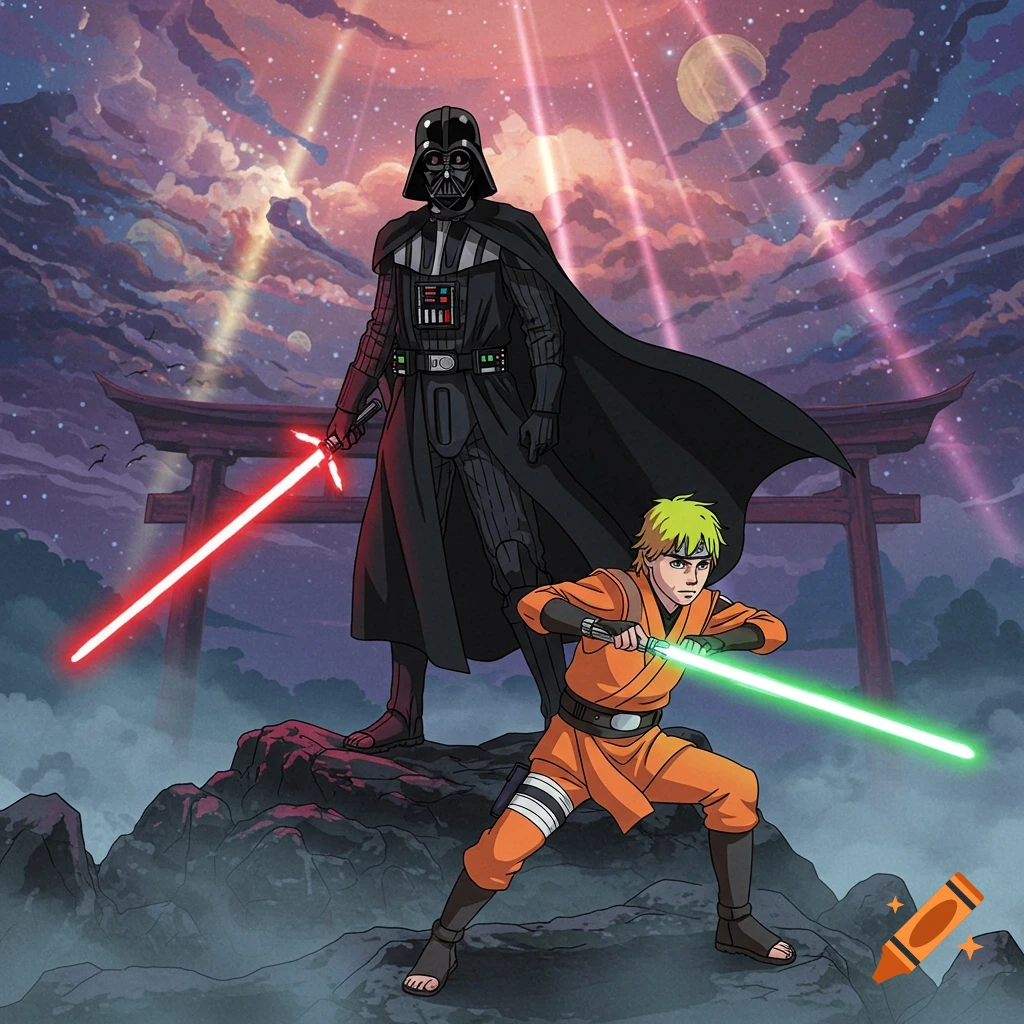Darth Vader and a Naruto-style Luke Skywalker stand on a rocky outcrop with lightsabers, under a colorful sky with a torii gate.