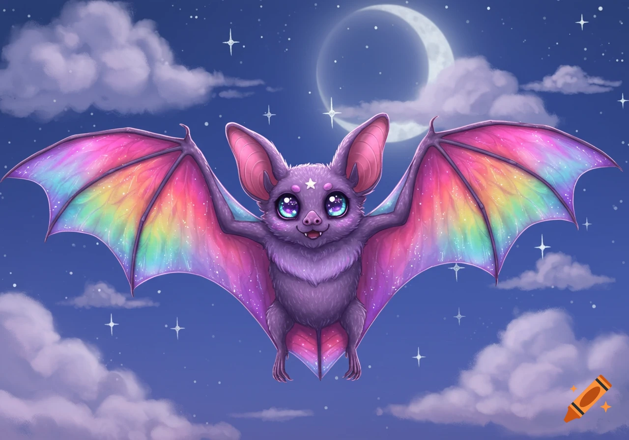 A cute purple bat with rainbow wings, sparkly eyes, and a small smile flies under a crescent moon in a starry night sky with clouds.