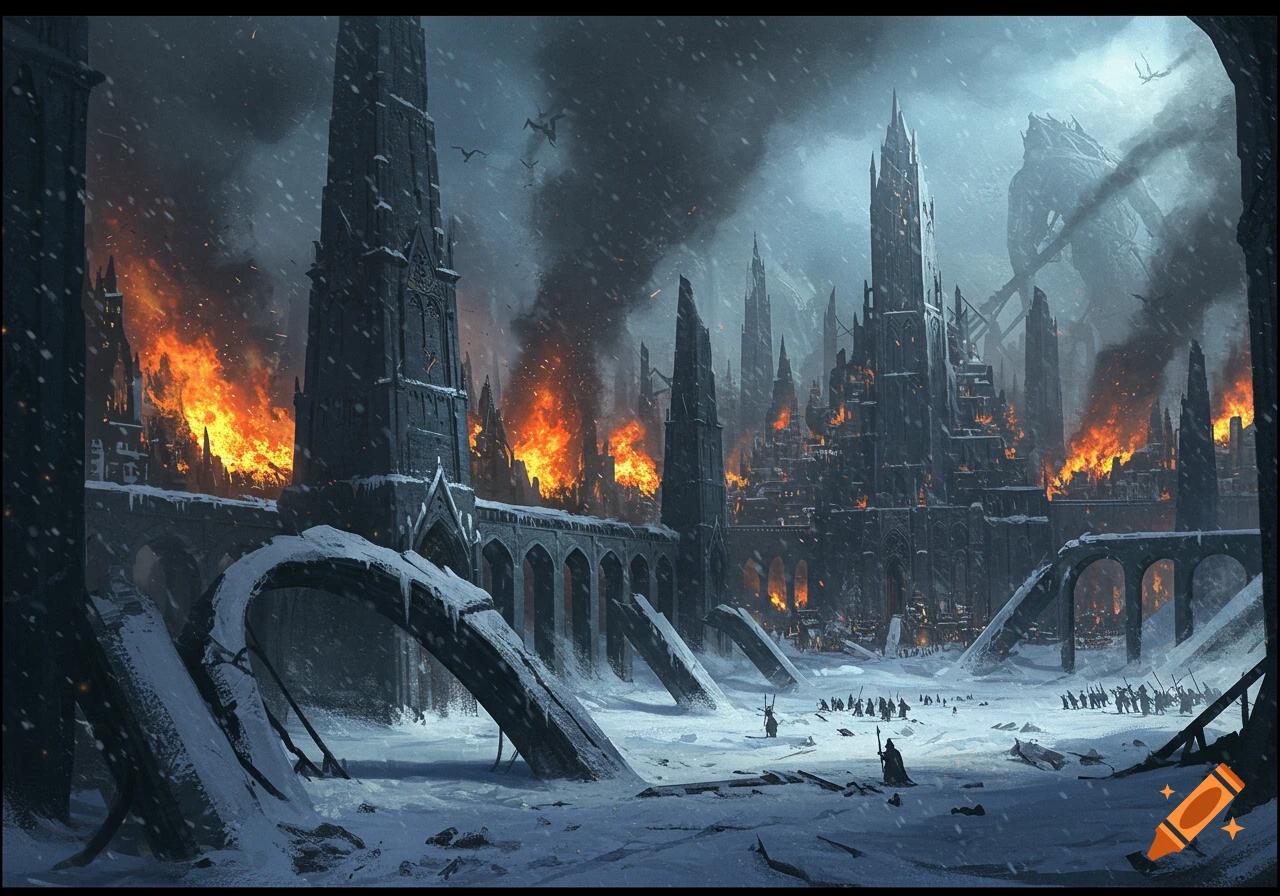 A dark fantasy cityscape engulfed in flames and smoke during a snowy attack, with gothic towers and figures in the foreground.