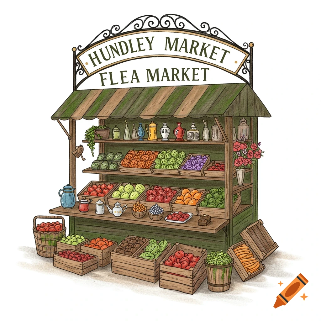 Illustrated market stall with 'HUNDLEY MARKET FLEA MARKET' sign, showcasing produce, goods, and wooden crates.
