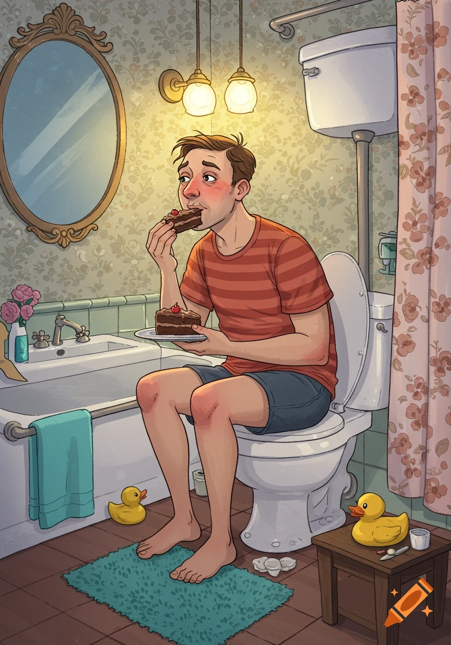 An illustrated man sits on a toilet in a detailed bathroom, eating chocolate cake with a cherry on top.