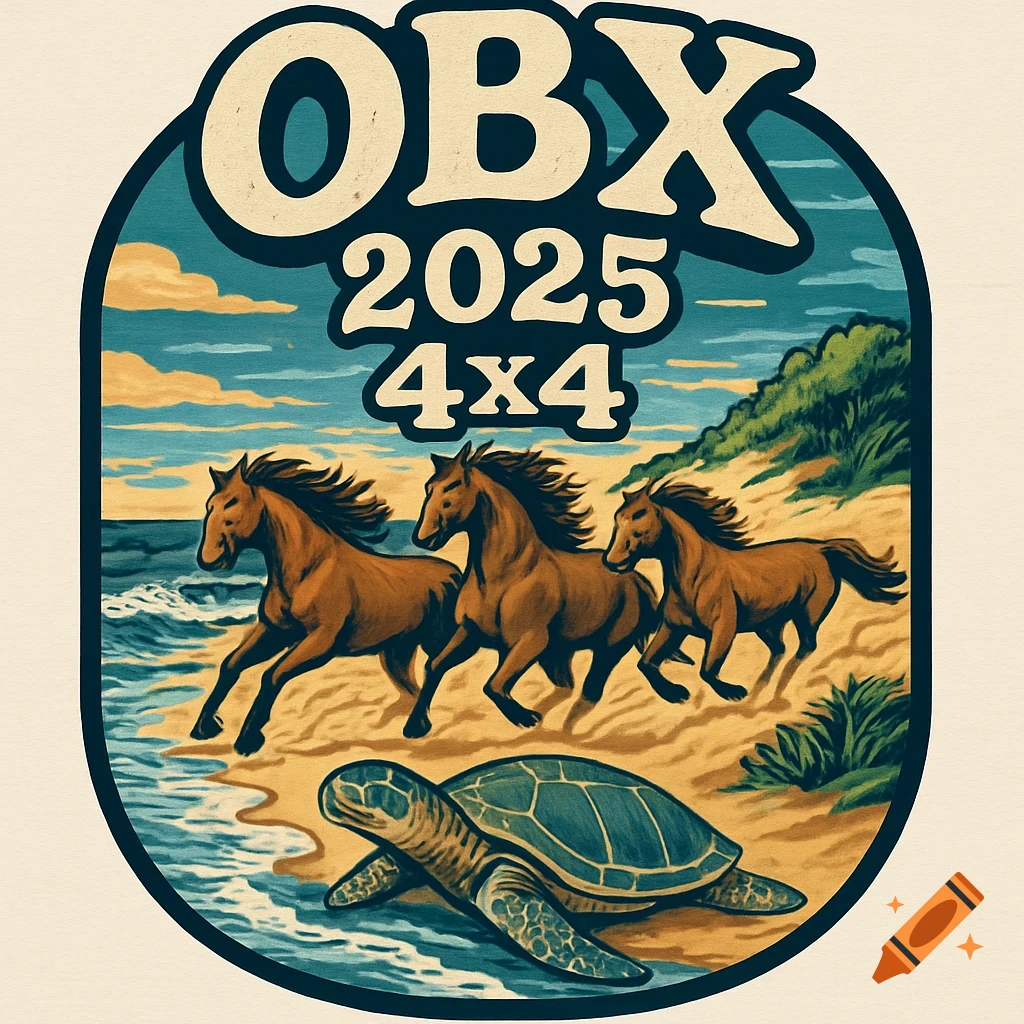 An illustrated t-shirt logo showing wild horses and a sea turtle on a beach with text 'OBX 2025 4x4'.