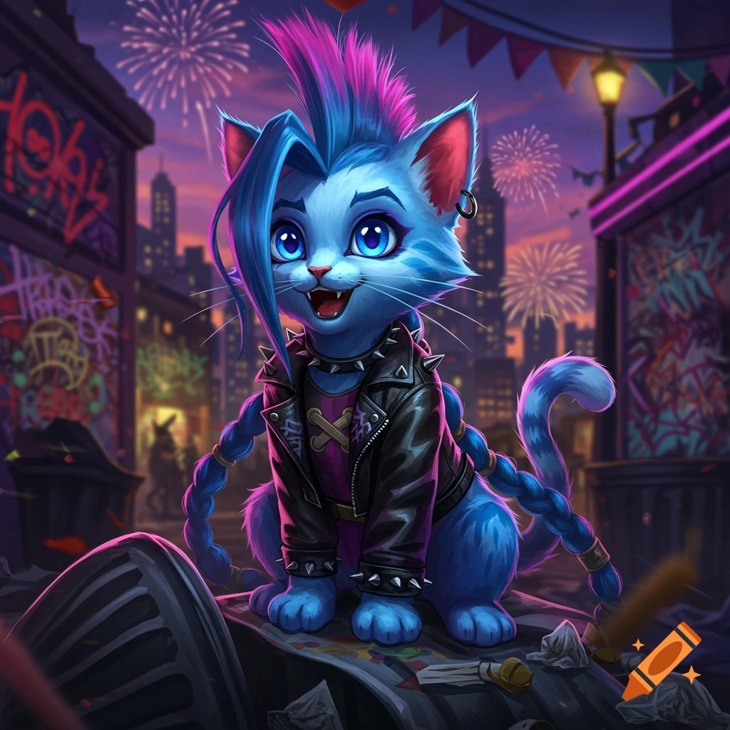 A vibrant, cartoonish blue cat with a punk mohawk and braided tails, wearing a studded leather jacket, in a graffiti-filled urban alley with fireworks.