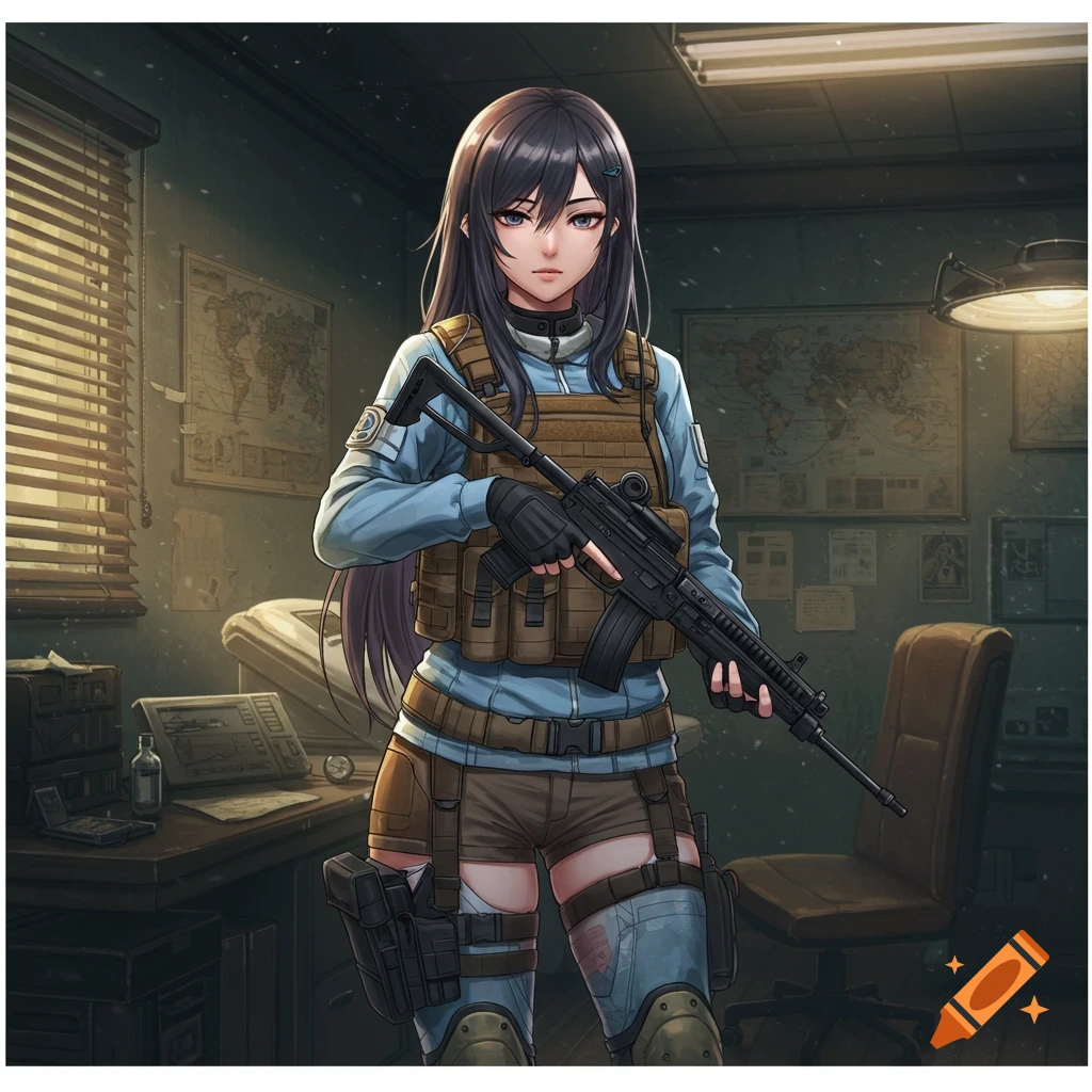 An anime girl with dark hair, wearing a light blue jacket and tactical vest, holding a rifle in a dimly lit office with maps.
