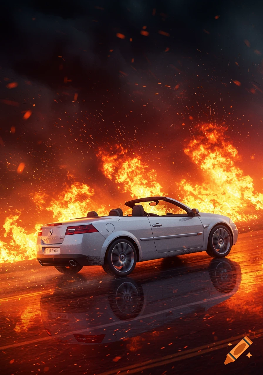 A white convertible Renault Megane drives on a wet road, engulfed in flames from a large wildfire, with smoke and embers rising.