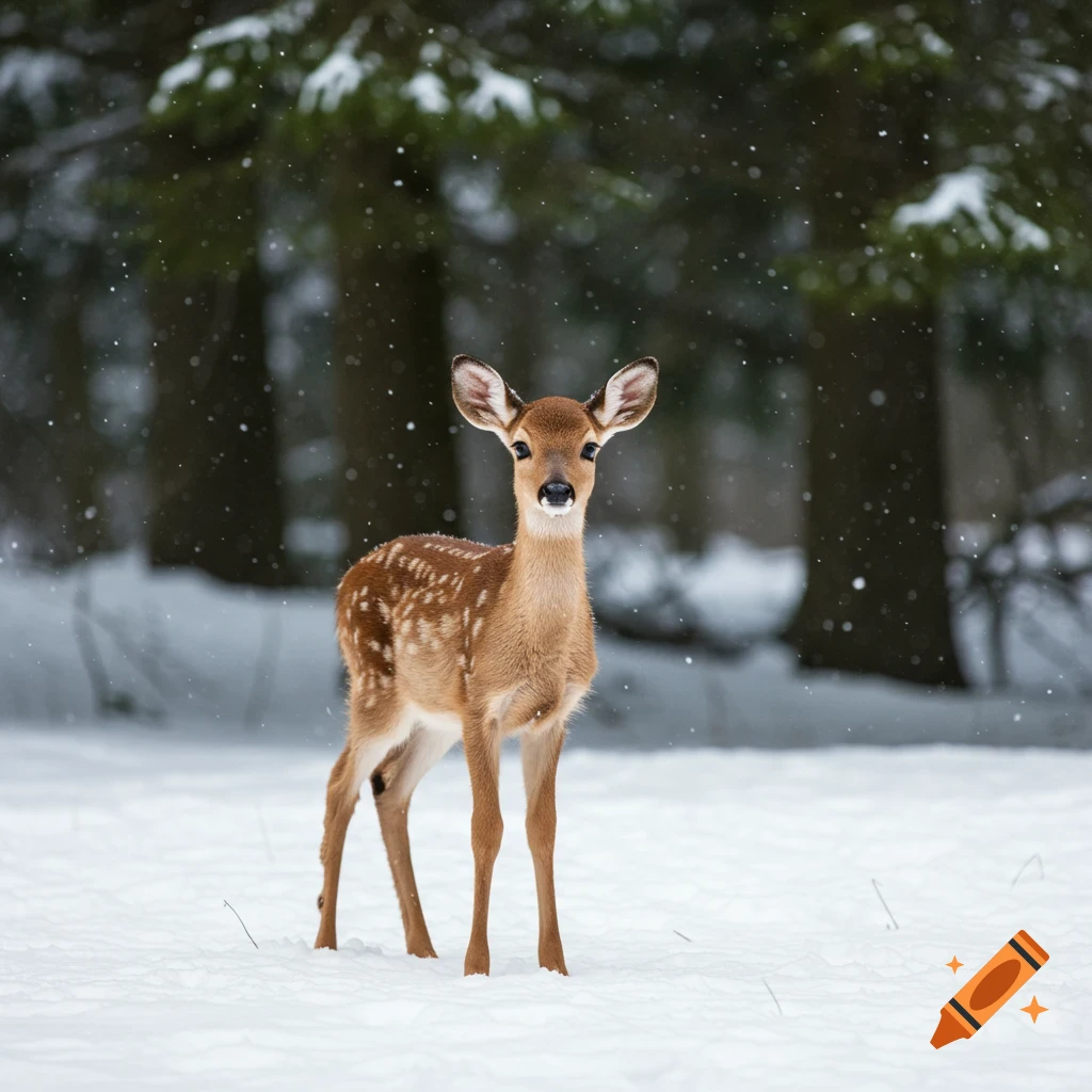 A young spotted fawn stands in a snowy forest as snow falls around it, photorealistic.