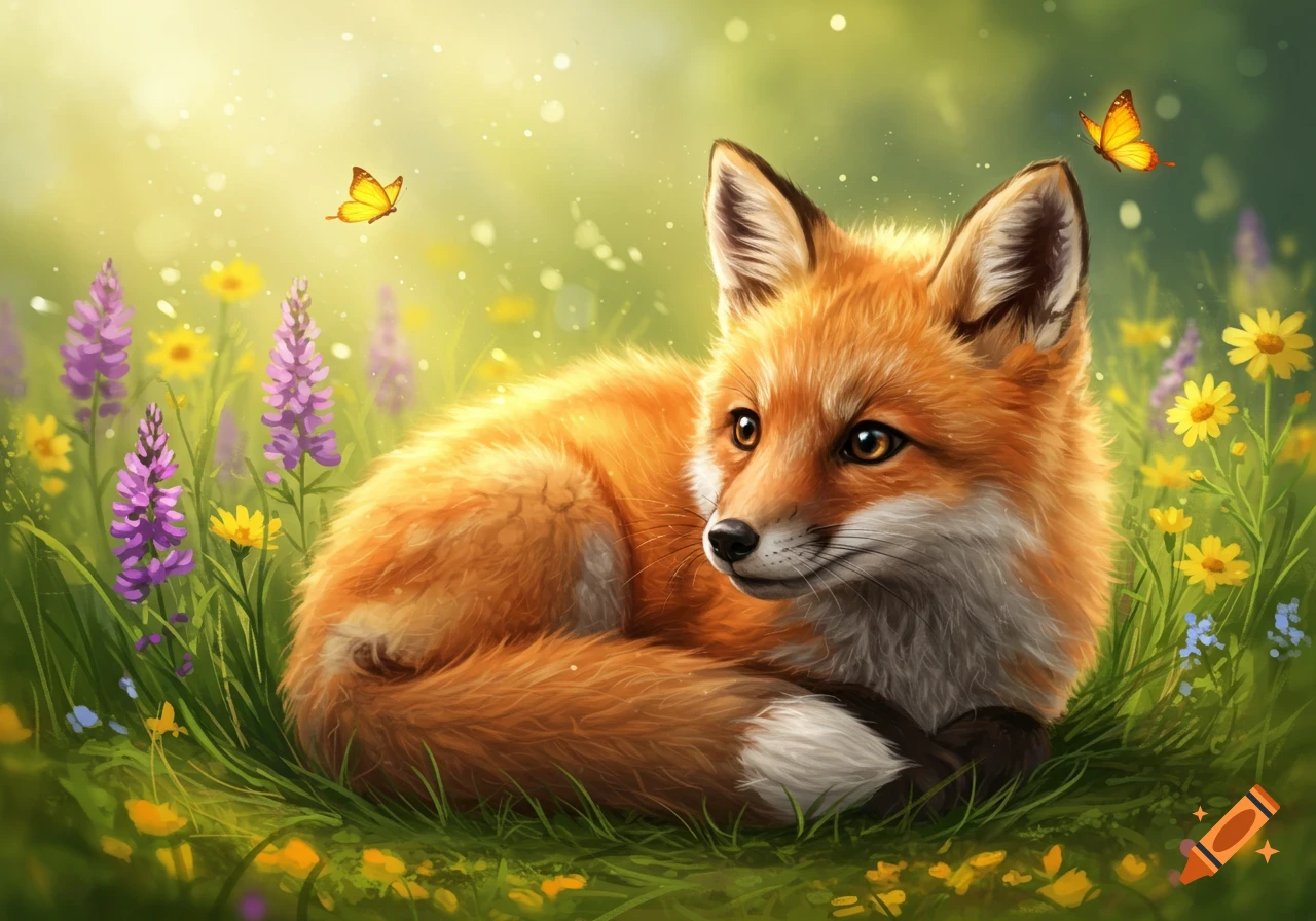 A cute orange fox lies in a vibrant field of purple and yellow flowers, with two yellow butterflies flying nearby. Illustrated style.