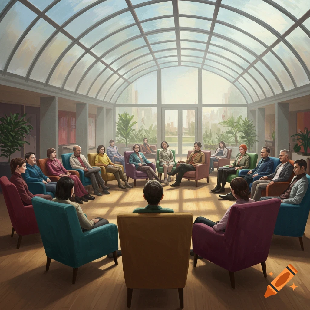 A diverse group of people sits in a circle in easy chairs within a bright, glass-roofed room, overlooking a cityscape.