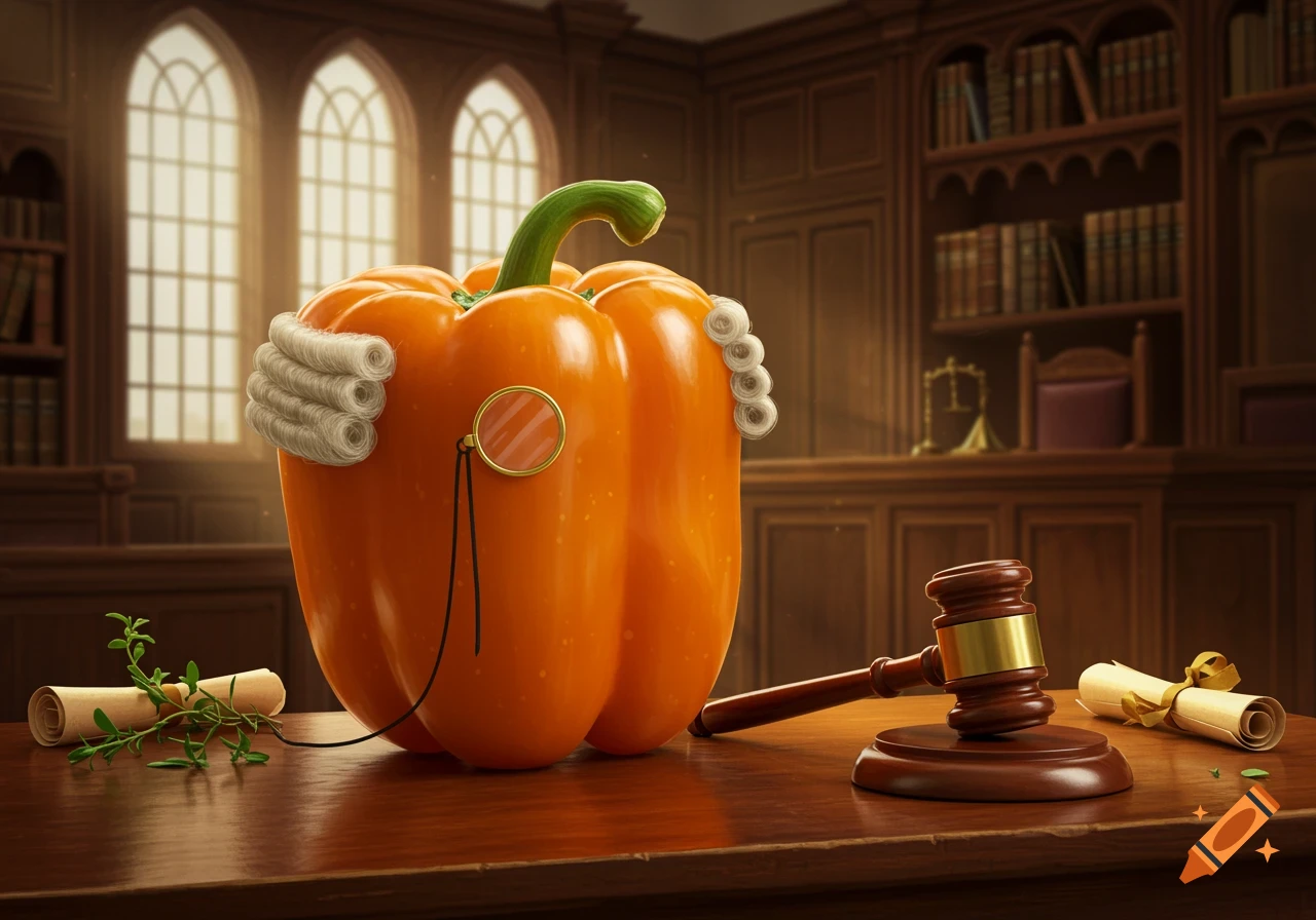 An orange bell pepper dressed as a judge with a white wig and monocle, on a wooden desk in a courtroom with a gavel.