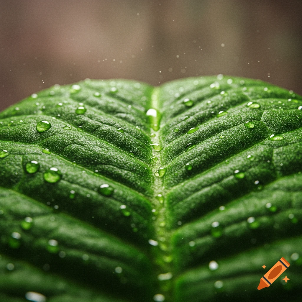 A close-up, photorealistic view of a vibrant green leaf covered in dew drops, with a soft, blurred background.