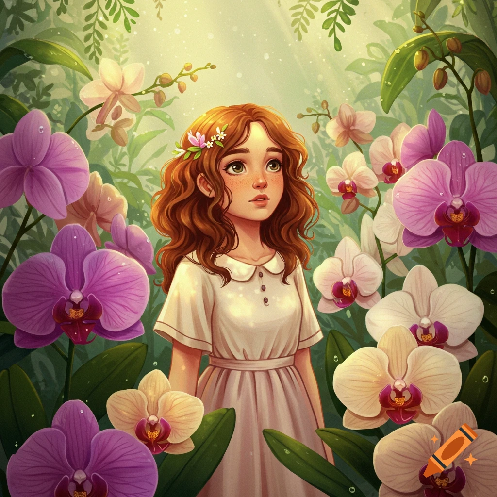 A drawing of a young girl with red hair and a white dress standing among vibrant purple and white orchids.