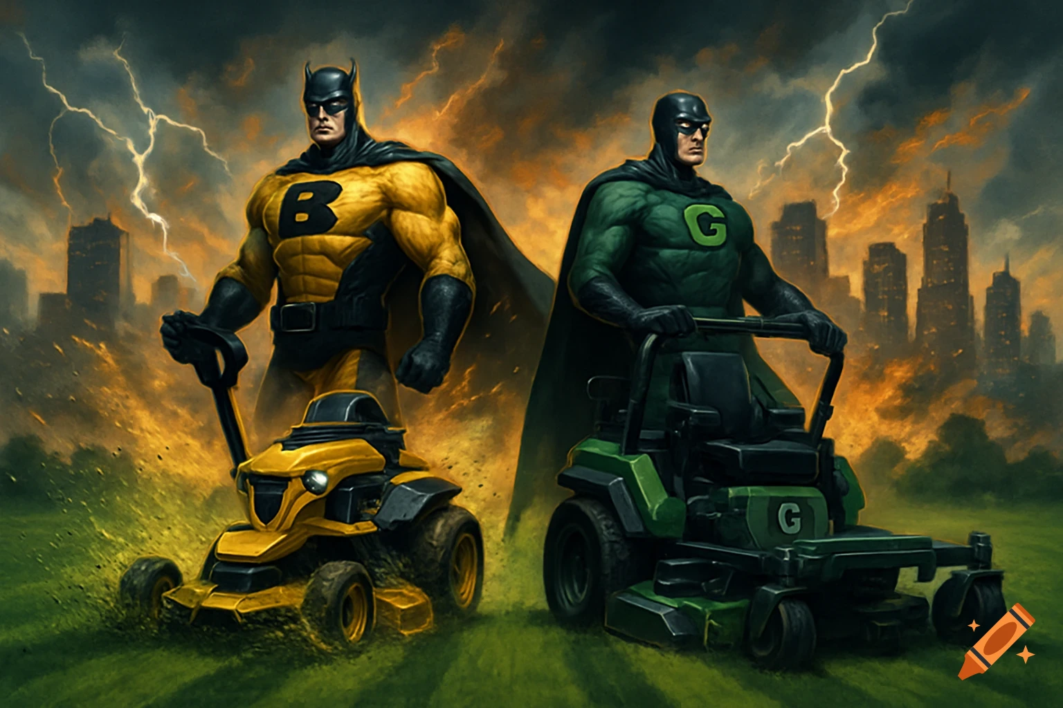 A dynamic scene with two muscular superhero-like figures, "B" in yellow and "G" in green, standing with their high-tech lawn mowers against a stormy cityscape background with lightning.