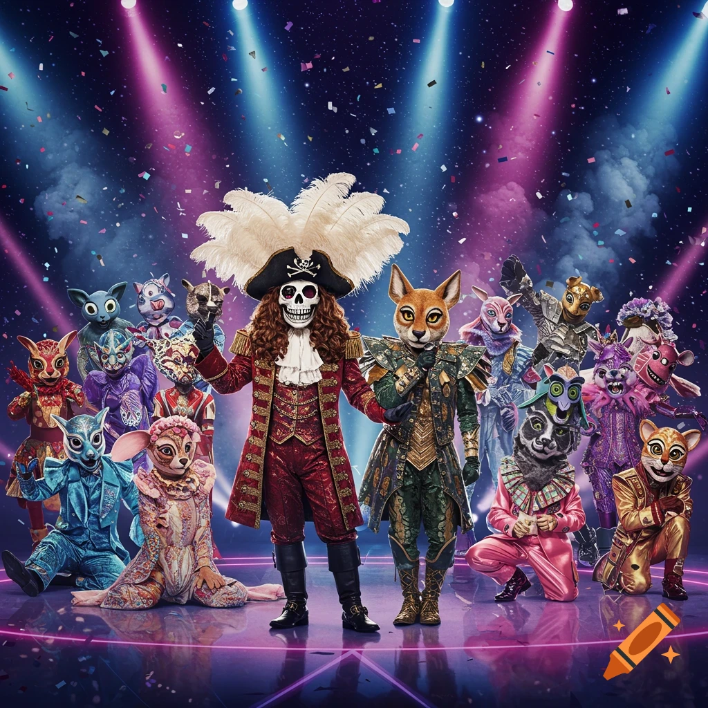 A group of Masked Singer characters in elaborate animal and creature costumes, including a pirate skull, on a brightly lit stage with confetti.