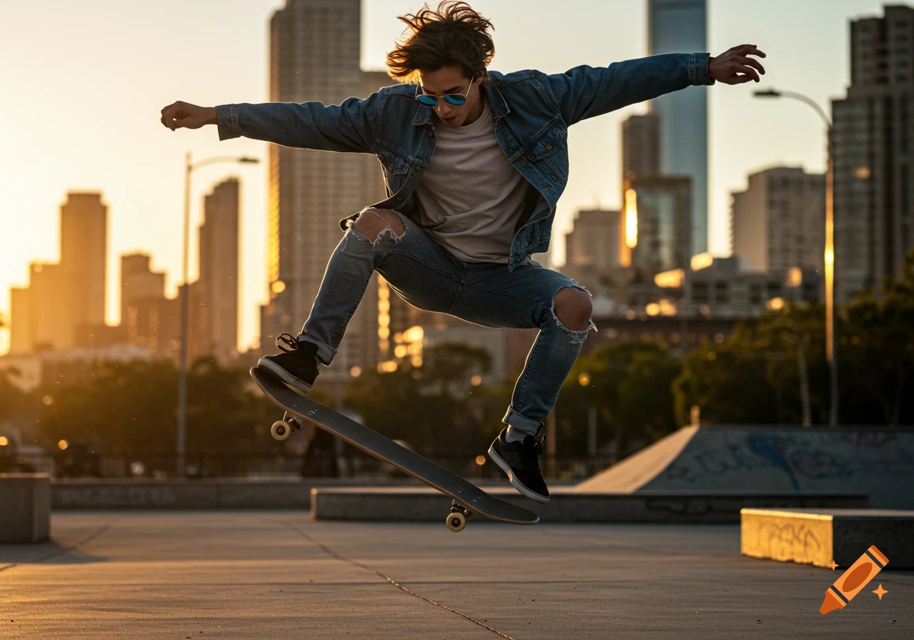 A young man performs a skateboard trick in the air against an urban cityscape at sunset in a photorealistic style.