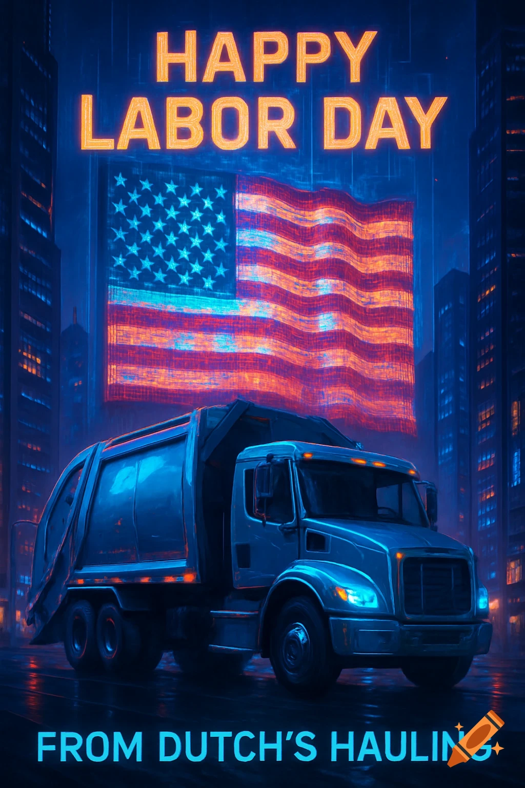 A glowing blue garbage truck in a cyberpunk city at night, with a large American flag and text 'Happy Labor Day' and 'From Dutch's Hauling'.