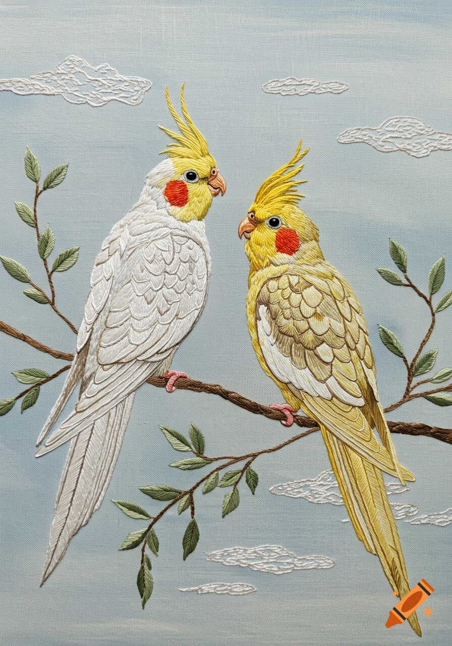 A white and a yellow cockatiel embroidered on a branch with leaves against a light blue sky with clouds.