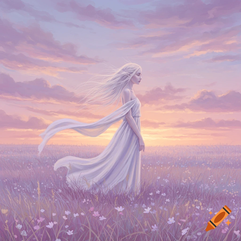 Woman with long white hair in white dress stands in a purple flower field under a pink and orange sunset sky, digital painting.