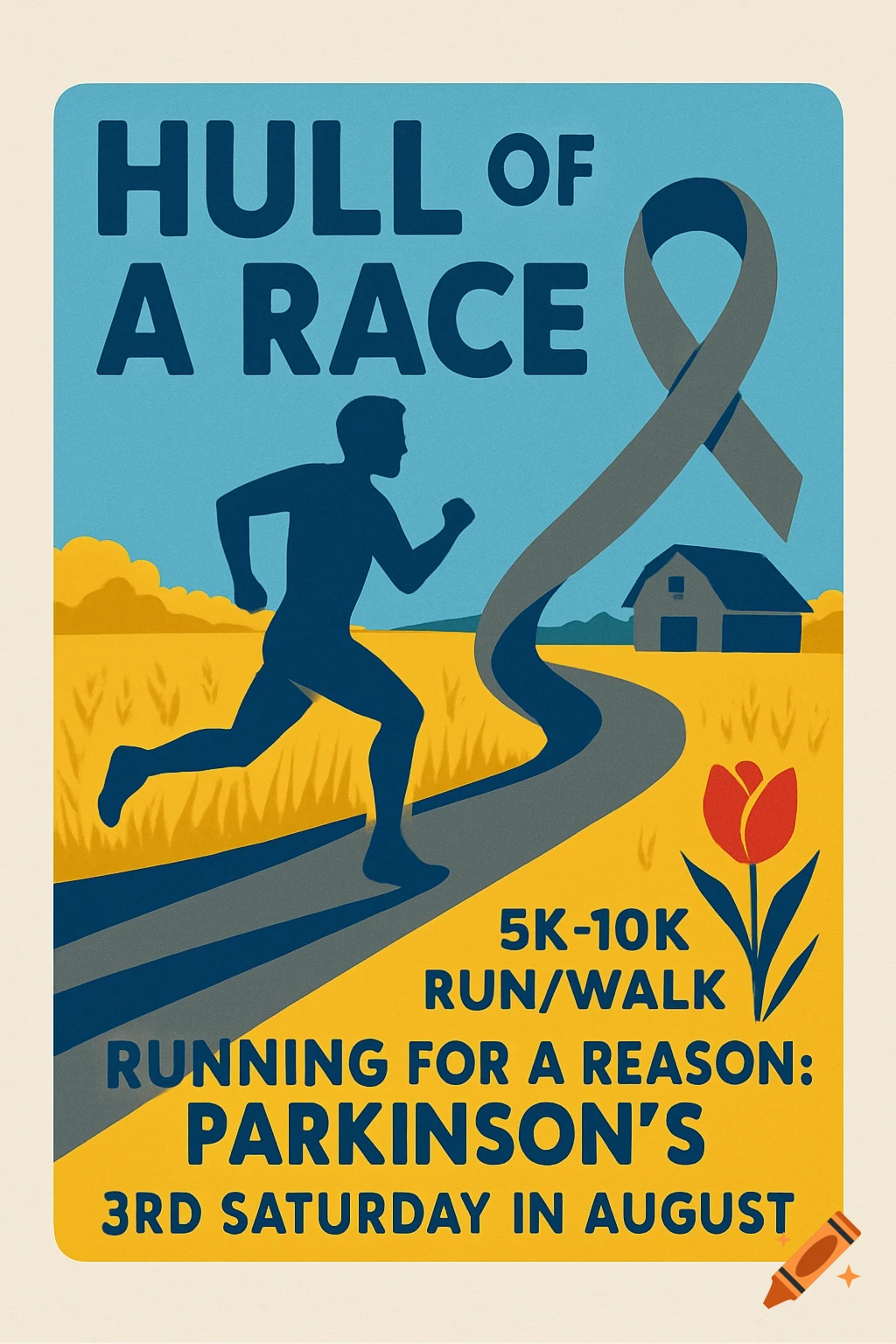 A vintage-style poster for 'Hull of a Race' 5K-10K Run/Walk for Parkinson's, showing a runner, a gray ribbon road, a barn, and a red tulip.