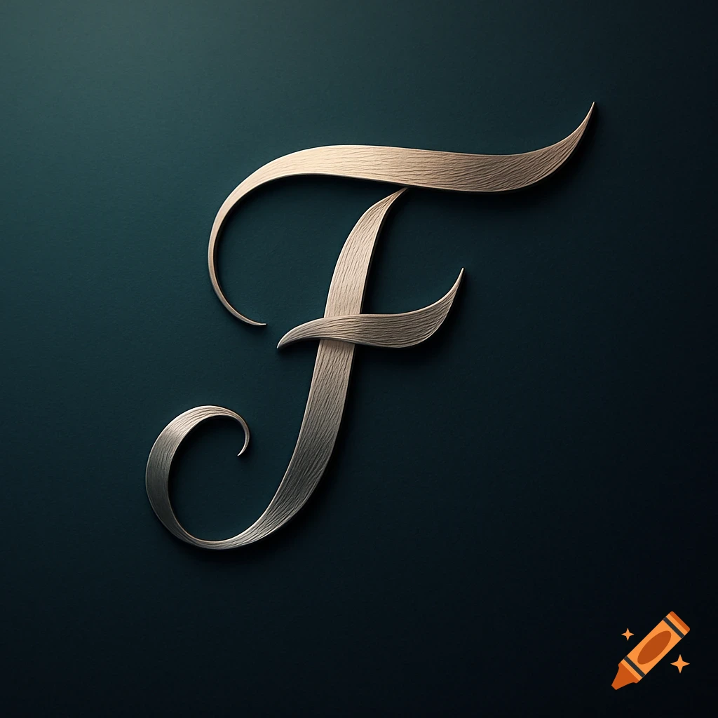 A metallic, textured, script-style letter F forms an abstract logo on a dark teal background.