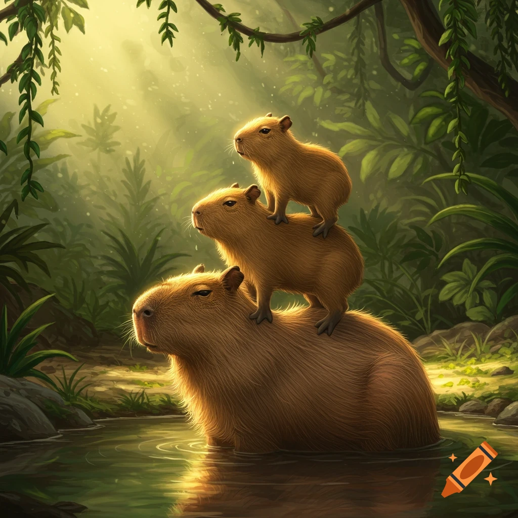 An illustration of three capybaras stacked from smallest to largest, standing in water in a lush, sunlit jungle.