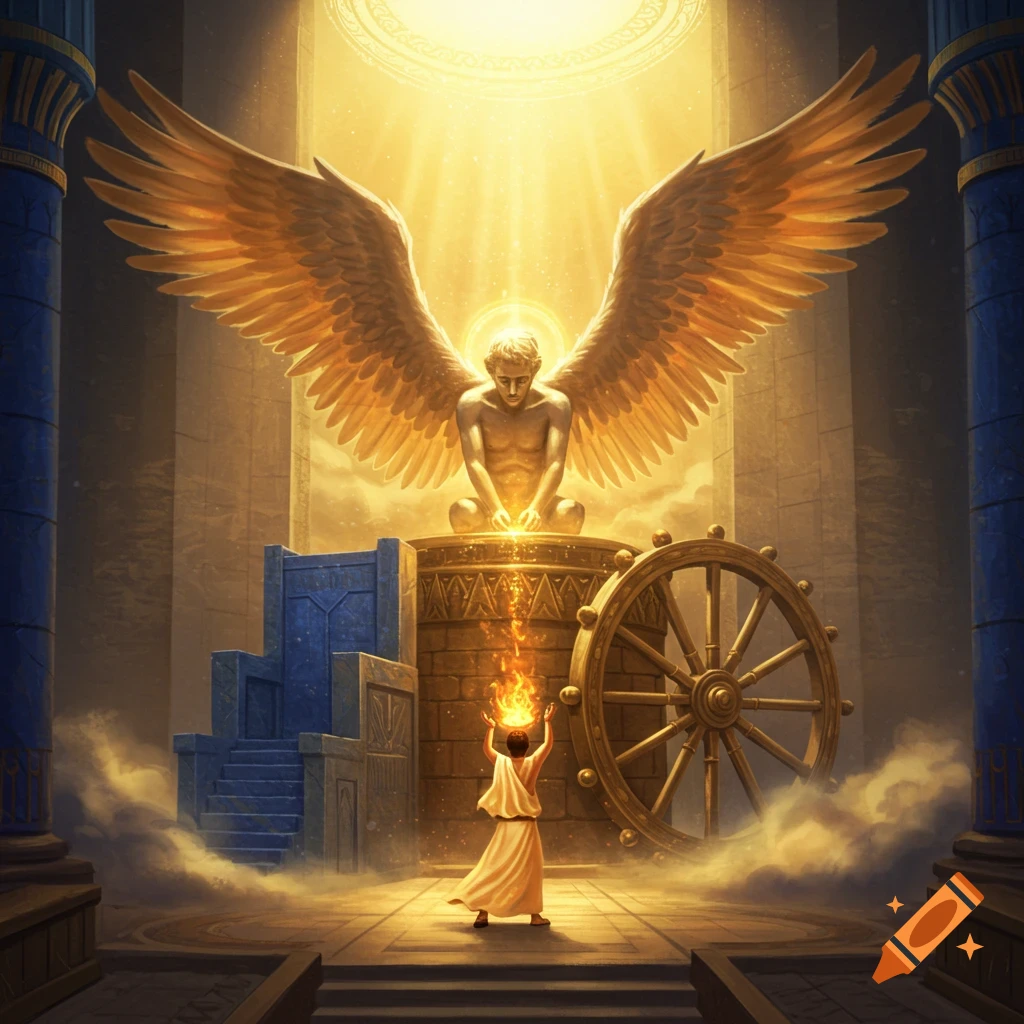 A robed figure with outstretched arms holding fire faces a radiant, winged statue on a pedestal in a grand, golden temple.