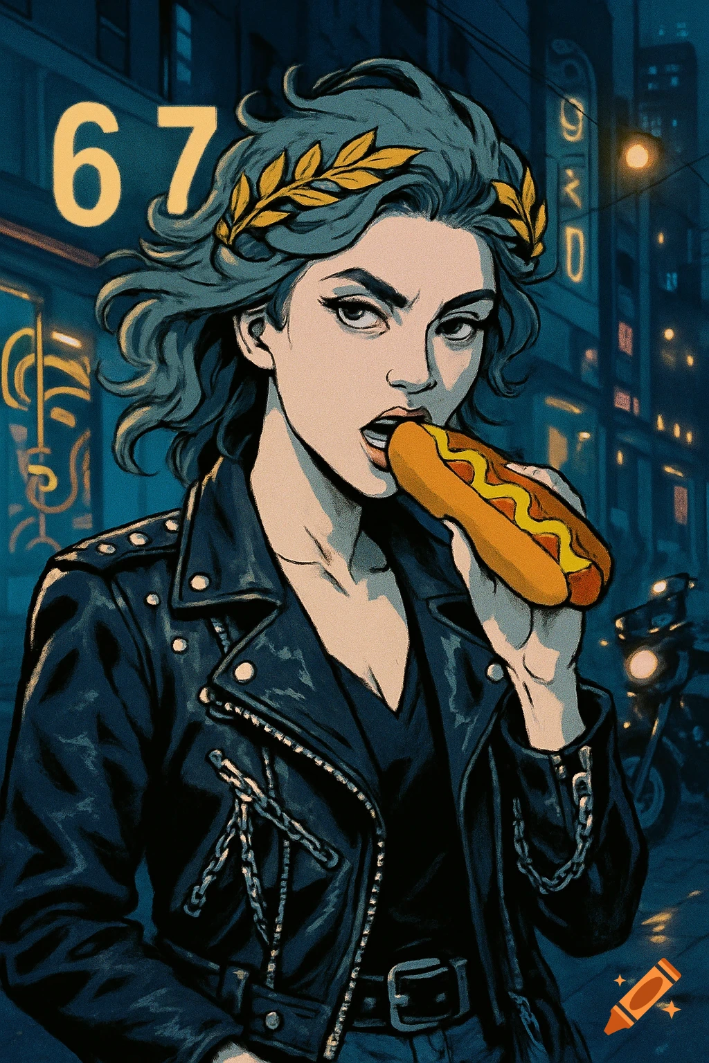 A stylized illustration of a woman with blue-green hair and a laurel wreath, wearing a black biker jacket, biting into a hot dog with mustard, against a dark city night background with glowing signs.