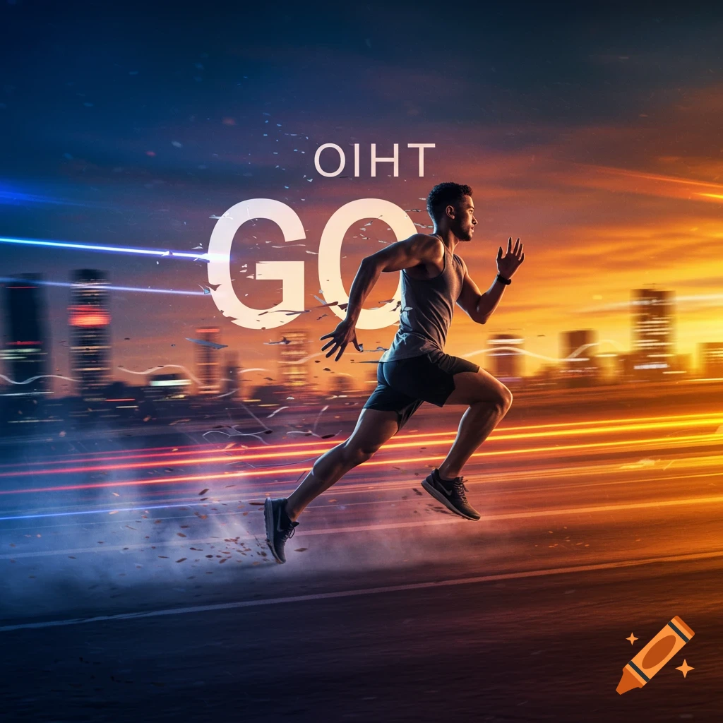 A man runs at high speed through a stylized city at sunset, with neon light trails and shattered white text "GO" and "OIHT" in the background.
