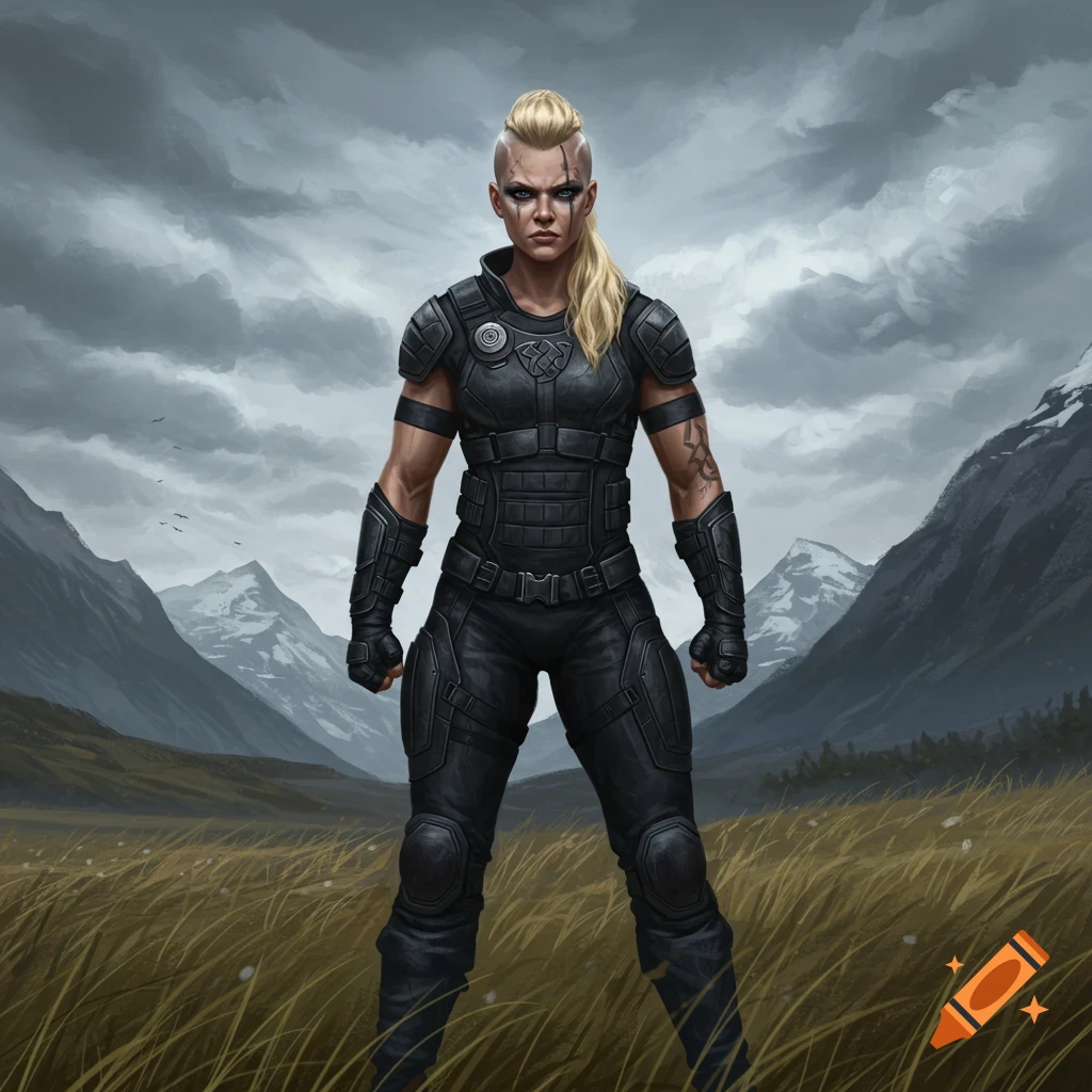 A blonde woman with a mohawk in black tactical gear stands in a grassy field with mountains under a cloudy sky.