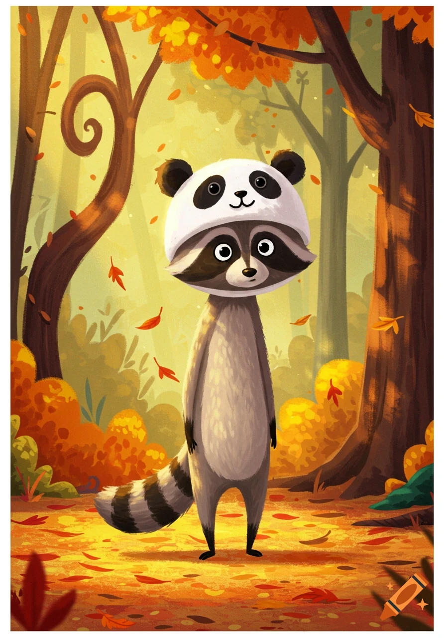 A lanky cartoon raccoon wearing a panda mascot hat stands in a colorful autumn forest. Illustrated style.