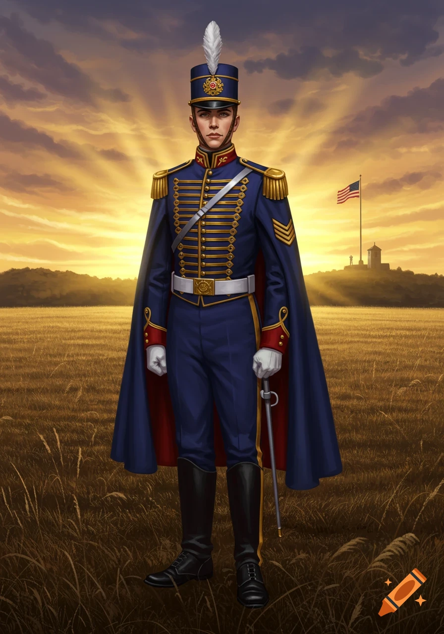 A man in a detailed blue military uniform with a feathered hat stands in a golden field at sunset, with an American flag in the distance.
