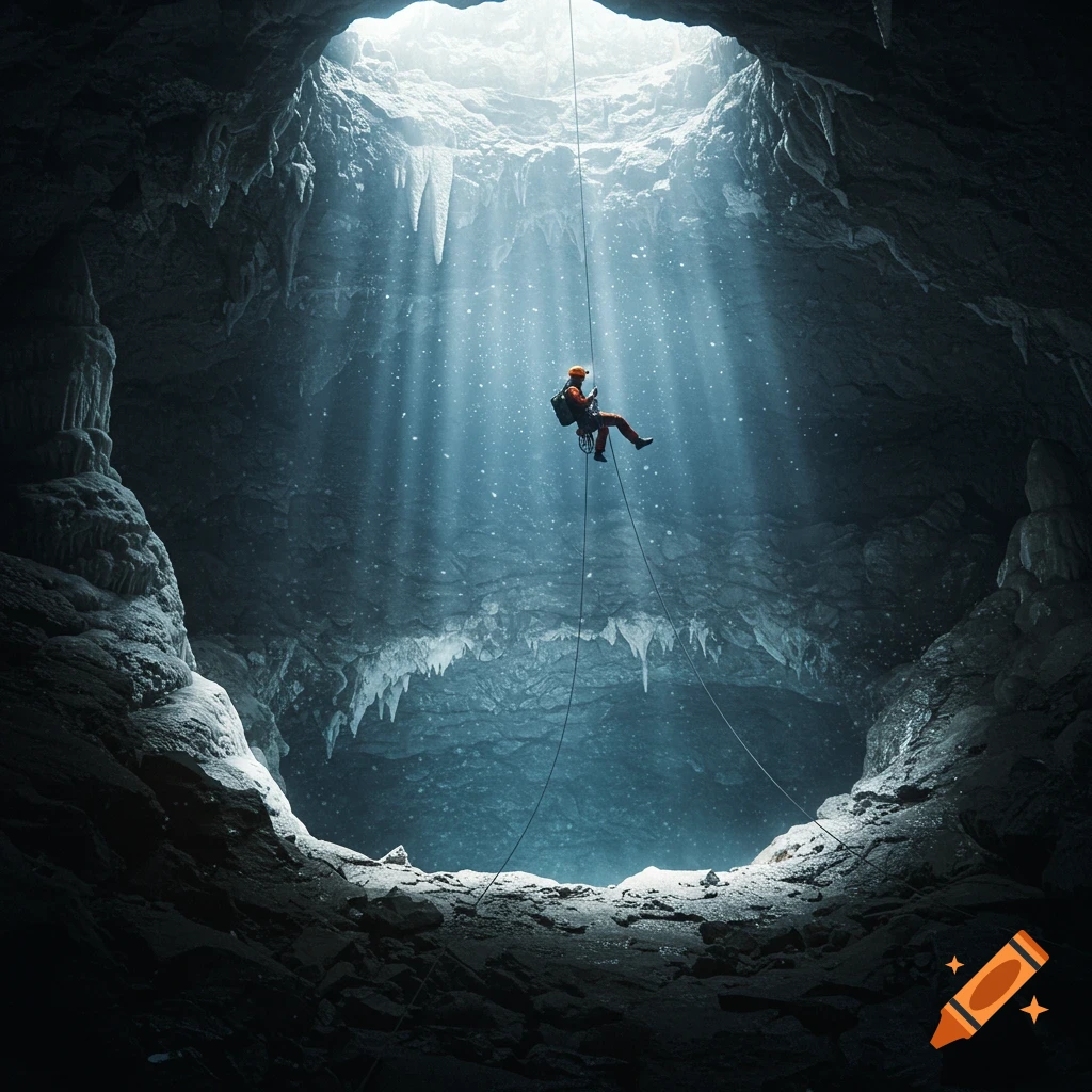 A photorealistic image of a cave explorer rappelling into a deep, dark cave, illuminated by a bright shaft of light.