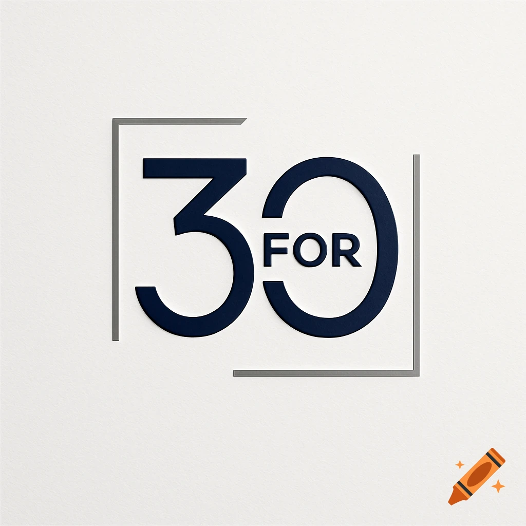 A professional, modern logo with dark blue text '30 FOR 30' framed by an incomplete gray square on a white background.