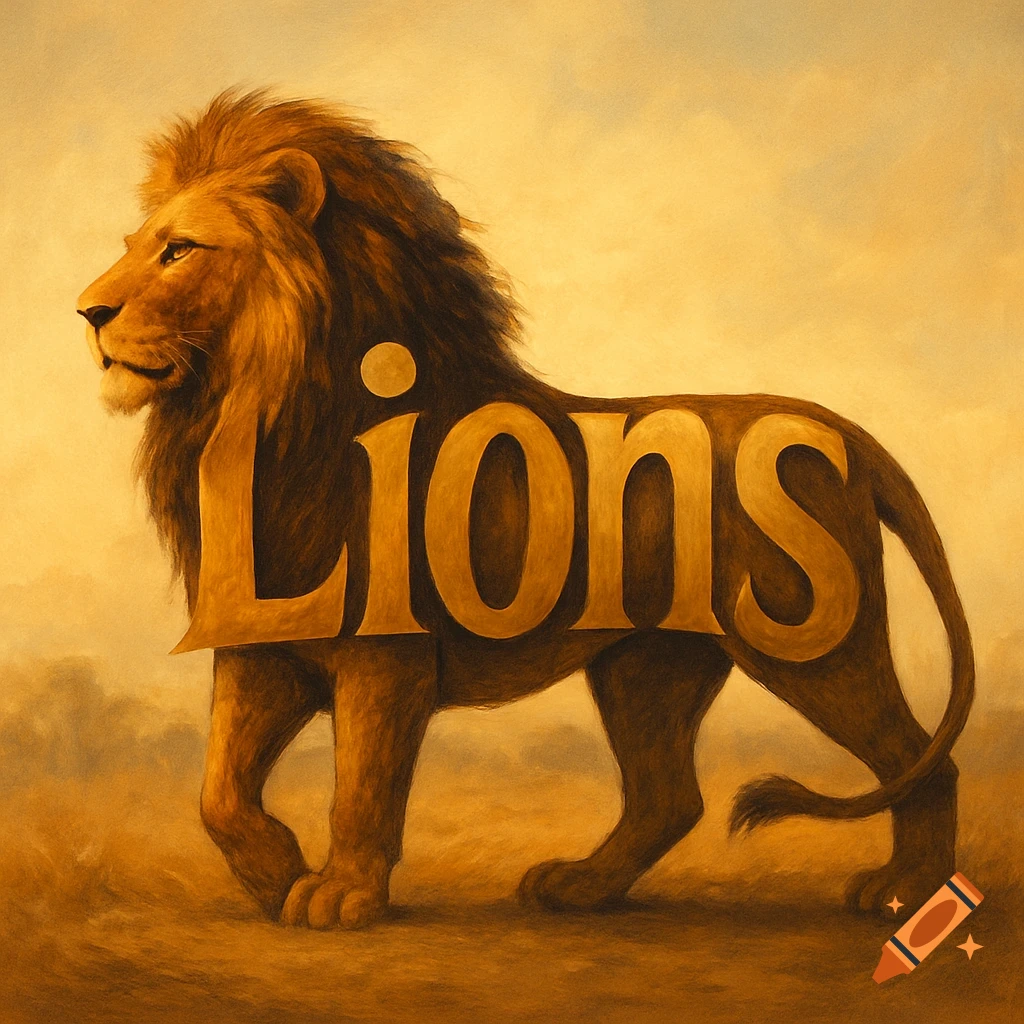 A golden painted lion, whose body forms the word 'Lions', walks in a warm, hazy savanna.