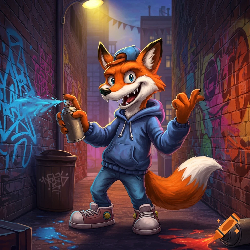 A cartoon fox in a blue hoodie and backward cap sprays blue graffiti onto a brick wall in a dark alley at night.