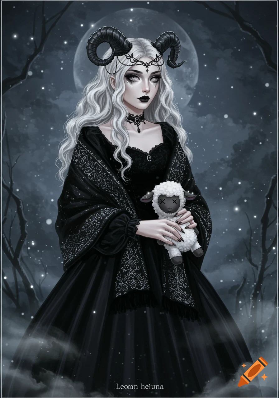 A pale, white-haired gothic woman with ram horns, wearing a black velvet dress and shawl, holding a stitched lamb plushie under a full moon.
