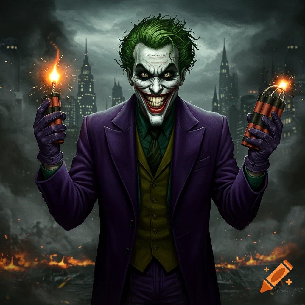 A stylized, grinning Joker from Batman holds two lit sticks of dynamite with a burning city in the dark background.