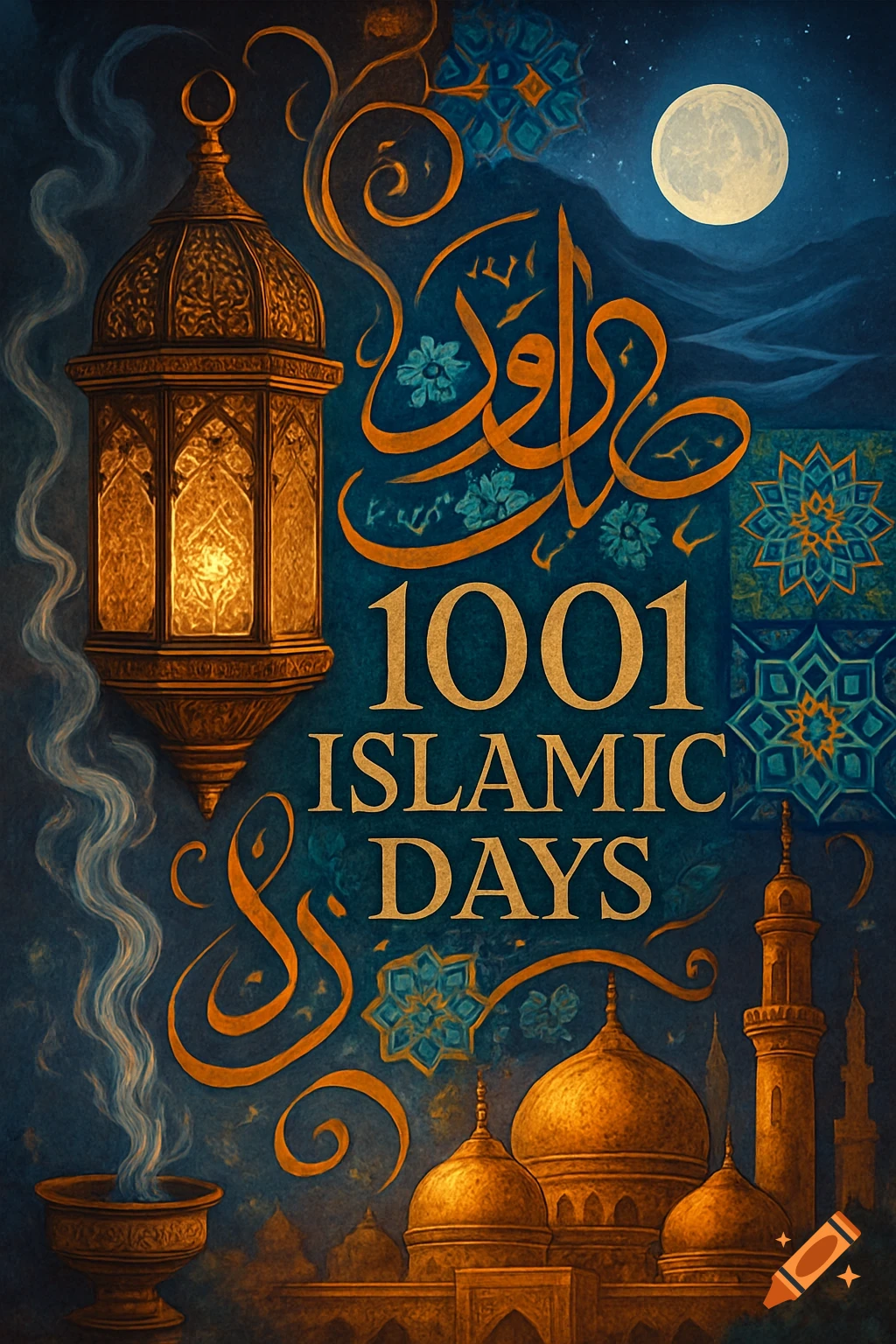 Stylized illustration of a golden lantern, mosque domes, and the moon, with "1001 ISLAMIC DAYS" text and Islamic patterns.
