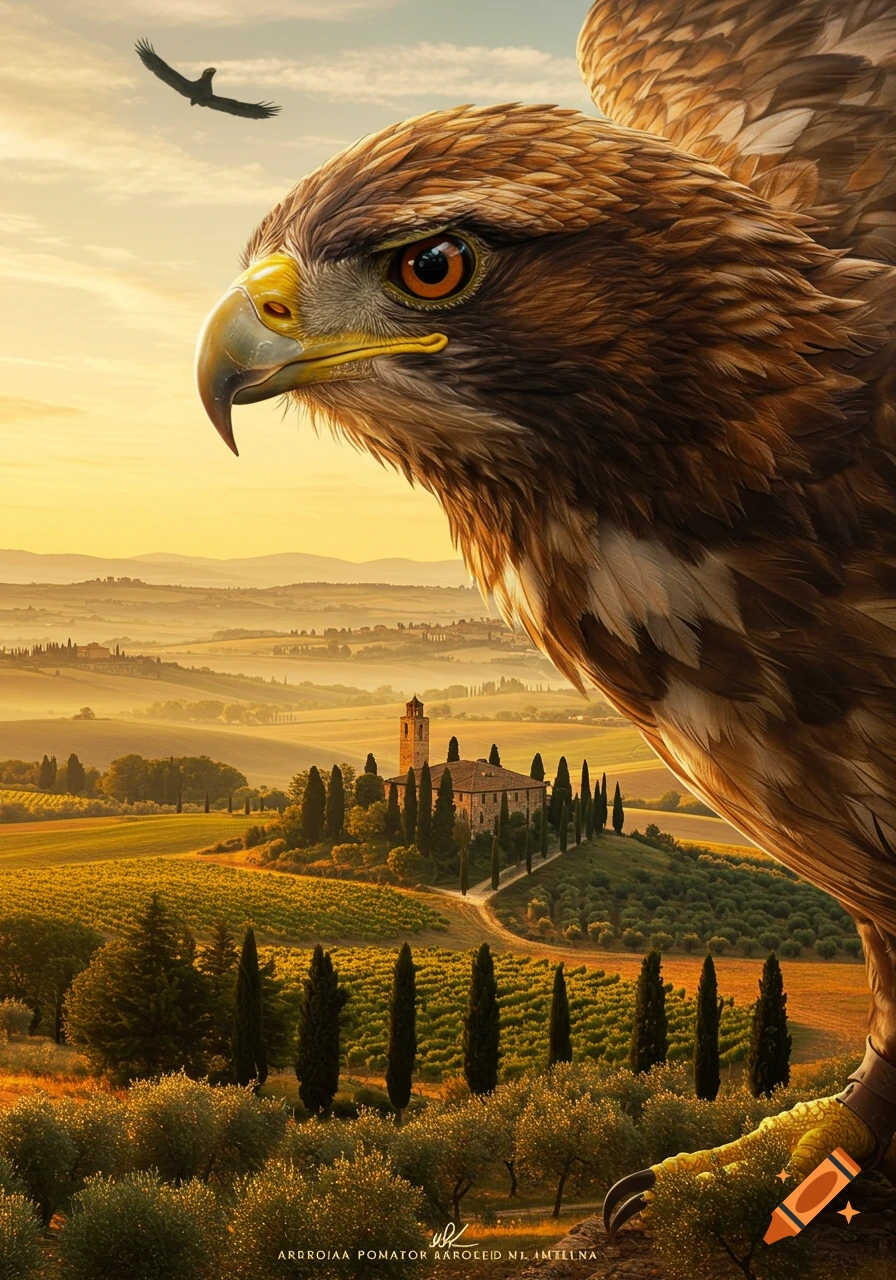 A majestic eagle in close-up overlooks a picturesque Tuscan landscape with rolling hills, vineyards, and cypress trees at sunset.