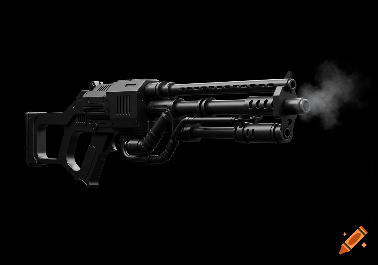 A jet black futuristic flamethrower emits smoke from its barrel against a black background.