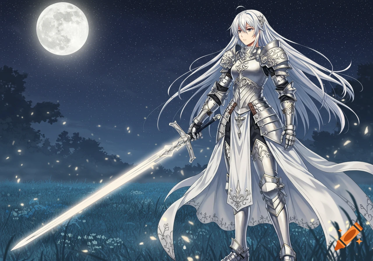 Anime female knight in white armor holds a glowing sword under a bright full moon in a field with fireflies.