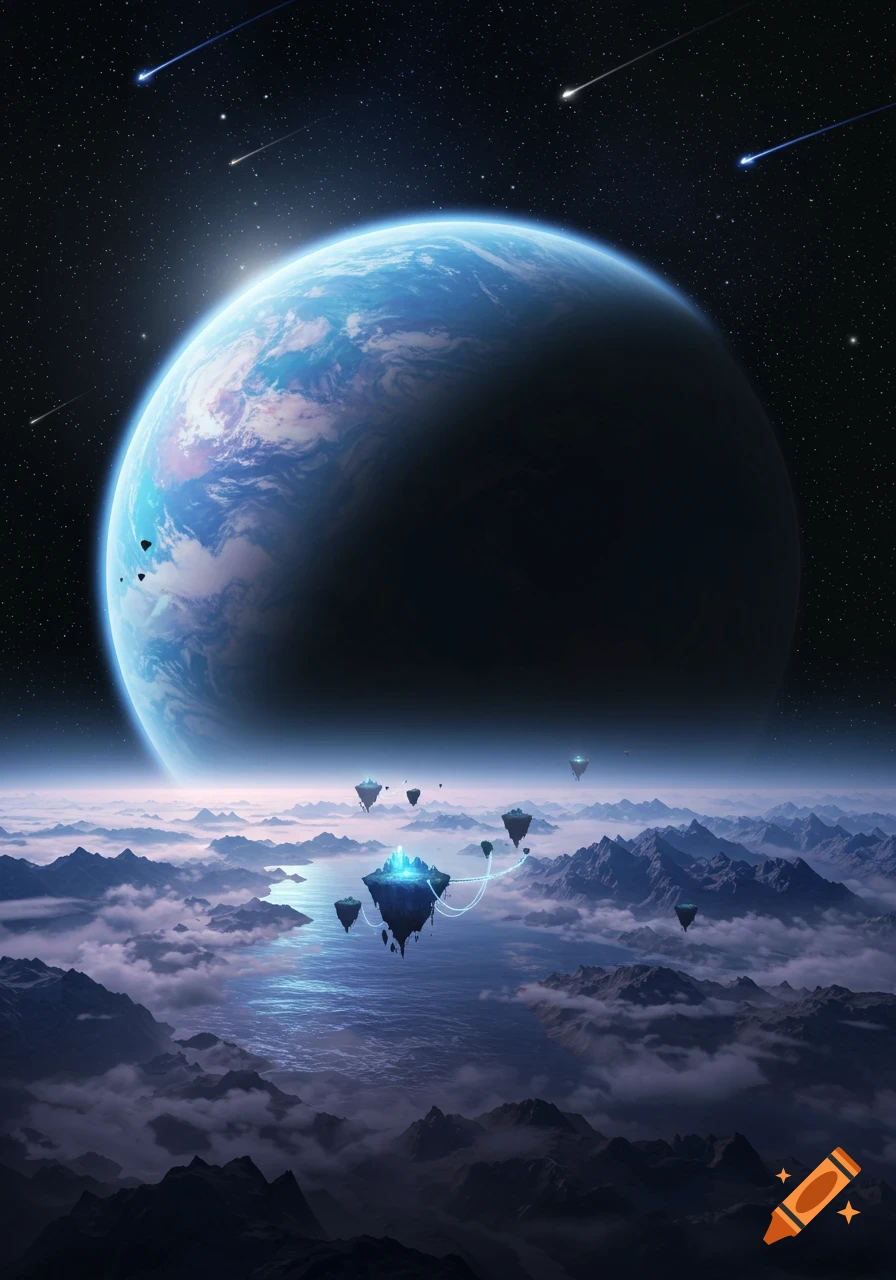 A vast blue planet dominates the sky above a misty, mountainous landscape with glowing floating islands and a river, under a starry sky with shooting stars.